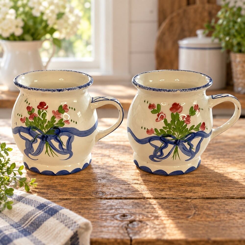 Anne Albertine Giftcraft 1996 Floral Coffee Mugs Set of 2 Blue Ribbon Vintage